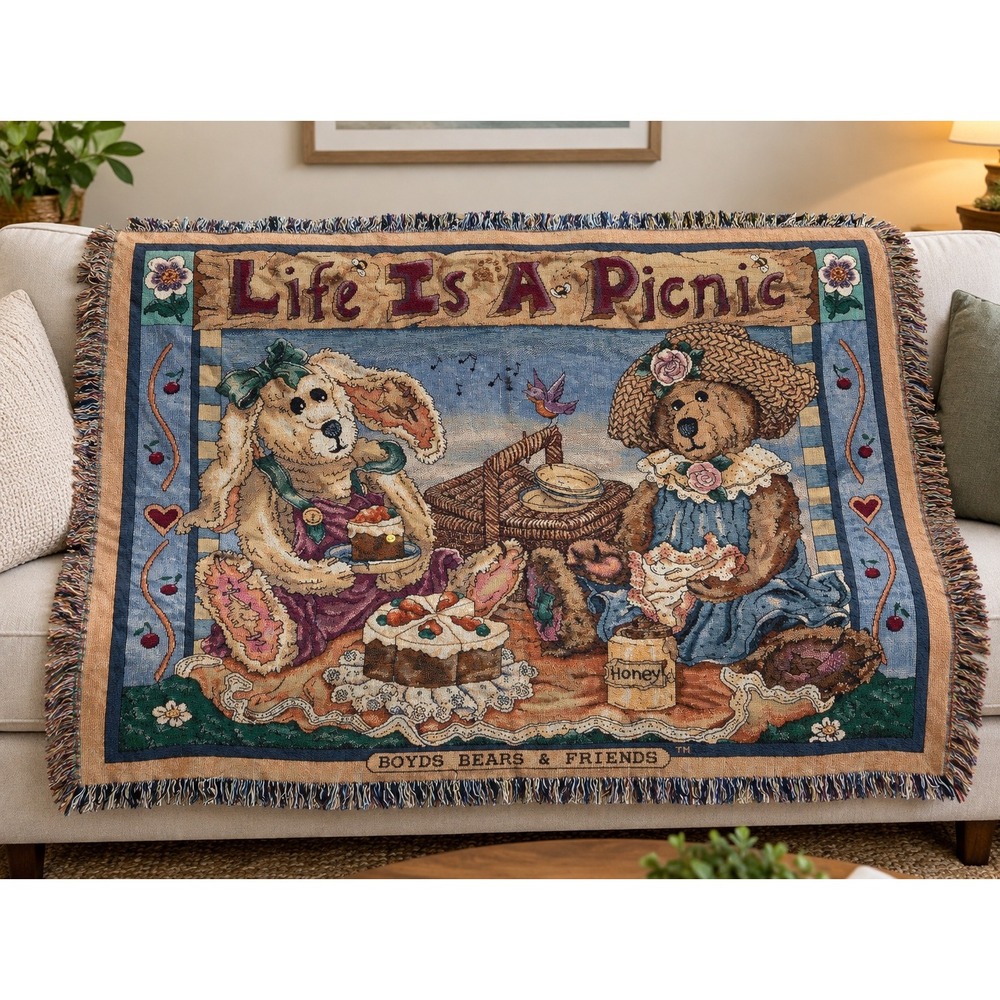 Boyds Bears & Friends Life Is A Picnic Woven Tapestry Throw Blanket 68x53